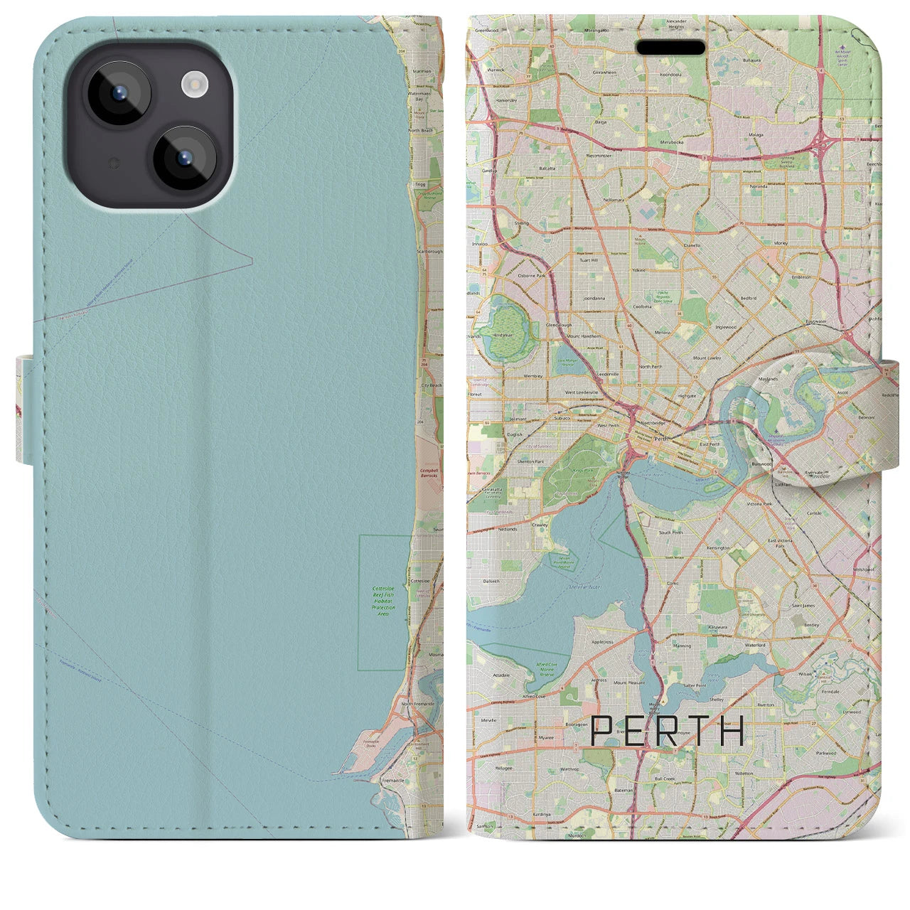 【パース(オーストラリア)】地図柄iPhoneケース(手帳タイプ)ナチュラル・iPhone 14 Plus 用