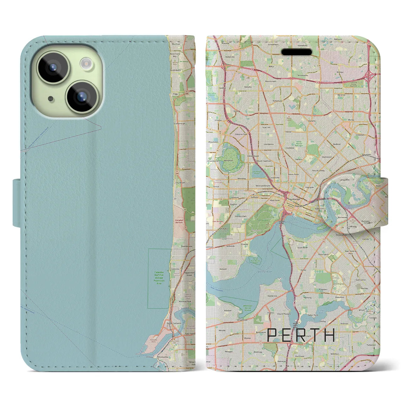 【パース(オーストラリア)】地図柄iPhoneケース(手帳タイプ)ナチュラル・iPhone 15 用