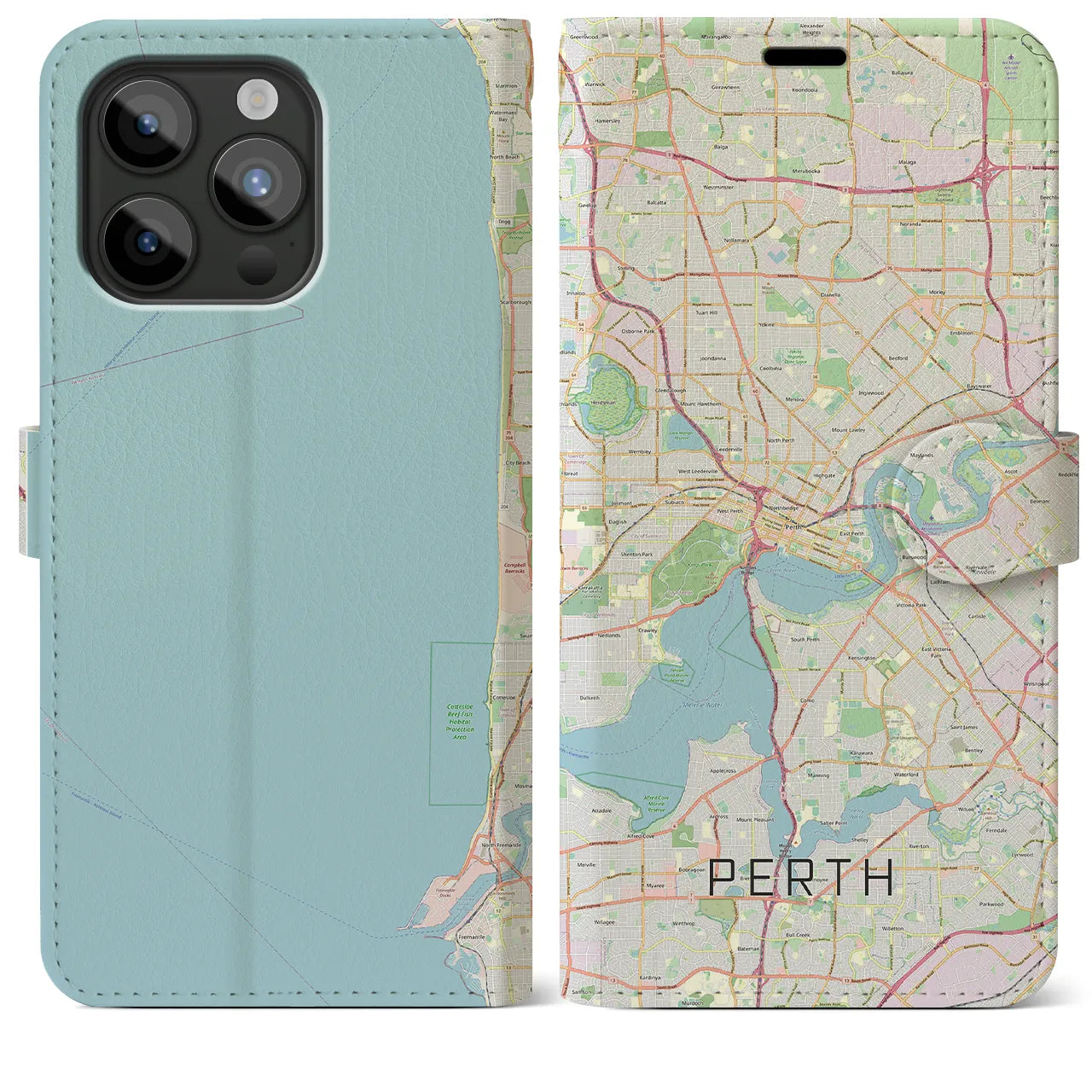 【パース(オーストラリア)】地図柄iPhoneケース(手帳タイプ)ナチュラル・iPhone 15 Pro Max 用