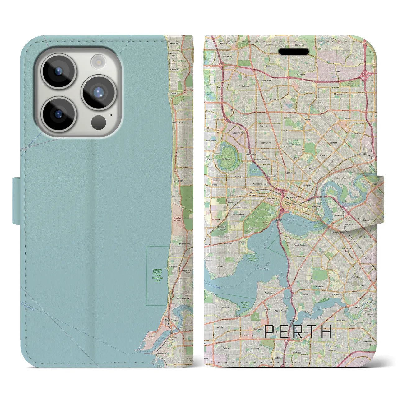 【パース(オーストラリア)】地図柄iPhoneケース(手帳タイプ)ナチュラル・iPhone 15 Pro 用