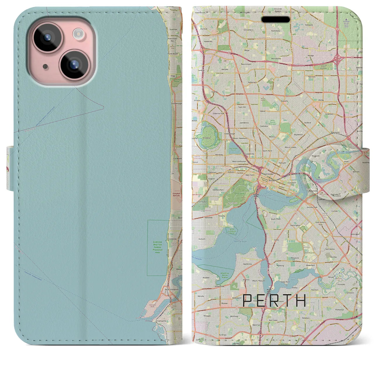 【パース(オーストラリア)】地図柄iPhoneケース(手帳タイプ)ナチュラル・iPhone 15 Plus 用