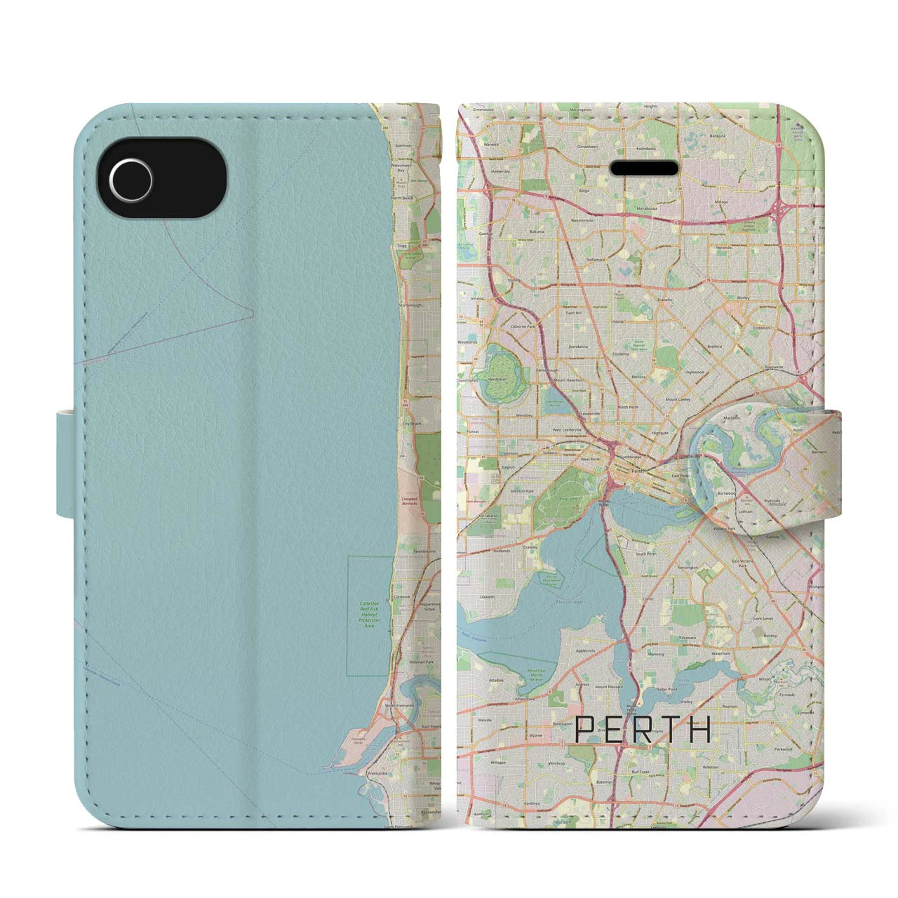 【パース(オーストラリア)】地図柄iPhoneケース(手帳タイプ)ナチュラル・iPhone SE(第3 / 第2世代) / 8 / 7 / 6s / 6 用