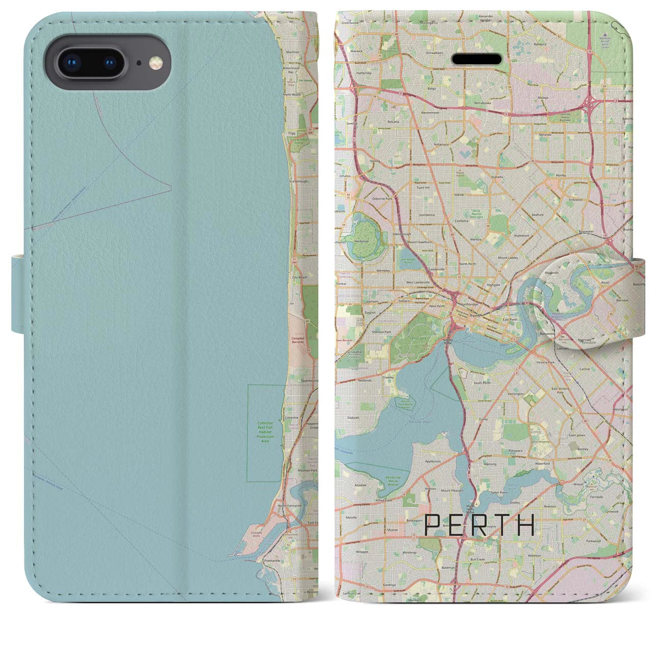 【パース(オーストラリア)】地図柄iPhoneケース(手帳タイプ)ナチュラル・iPhone 8Plus /7Plus / 6sPlus / 6Plus 用