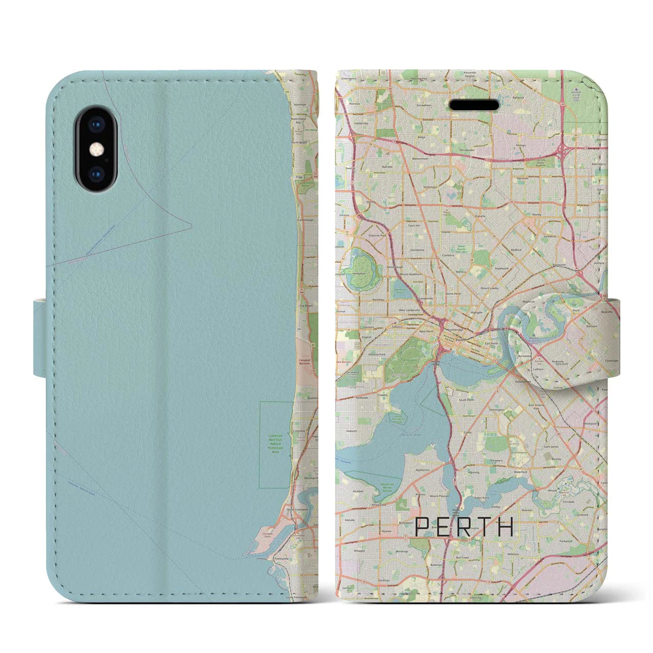 【パース(オーストラリア)】地図柄iPhoneケース(手帳タイプ)ナチュラル・iPhone XS / X 用
