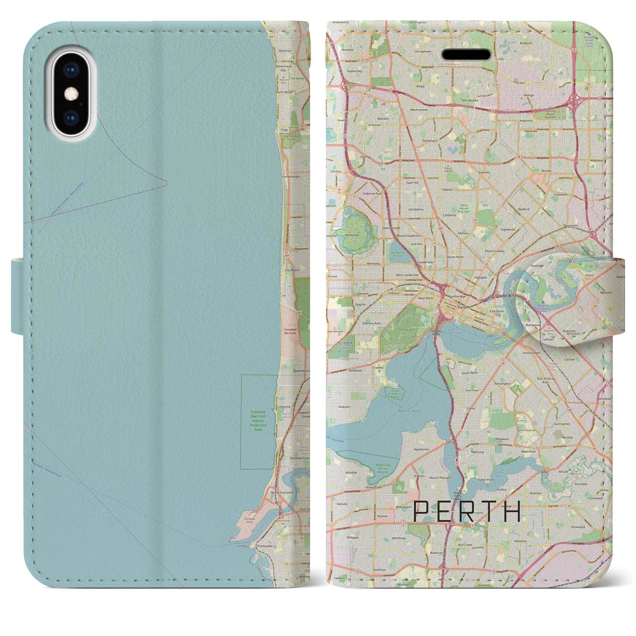【パース(オーストラリア)】地図柄iPhoneケース(手帳タイプ)ナチュラル・iPhone XS Max 用