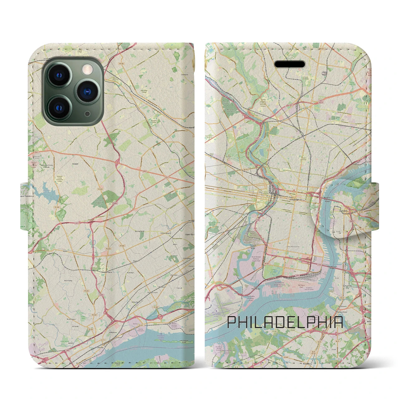 【フィラデルフィア(アメリカ)】地図柄iPhoneケース(手帳タイプ)ナチュラル・iPhone 11 Pro 用