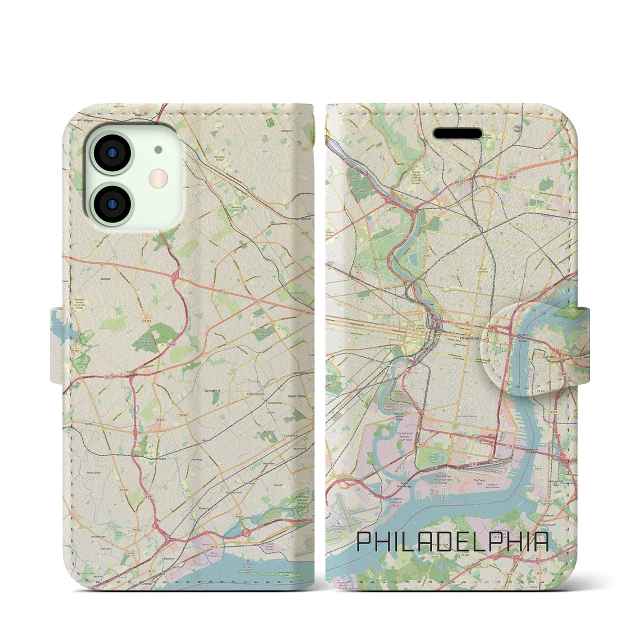 【フィラデルフィア(アメリカ)】地図柄iPhoneケース(手帳タイプ)ナチュラル・iPhone 12 mini 用
