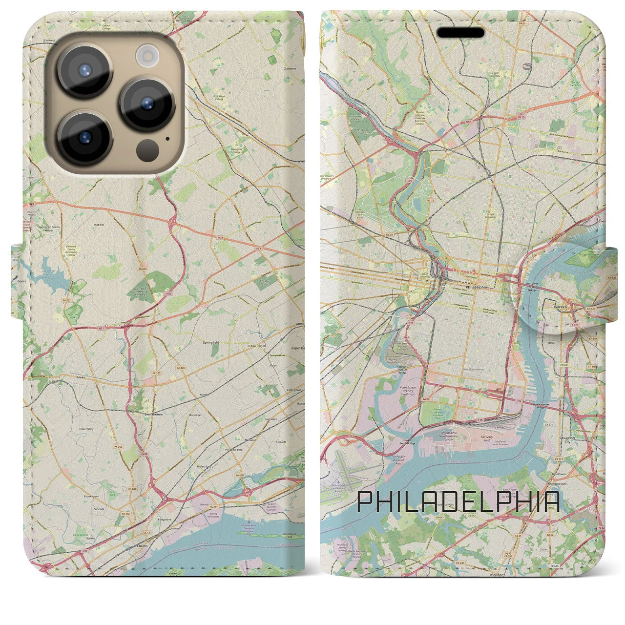 【フィラデルフィア(アメリカ)】地図柄iPhoneケース(手帳タイプ)ナチュラル・iPhone 14 Pro Max 用