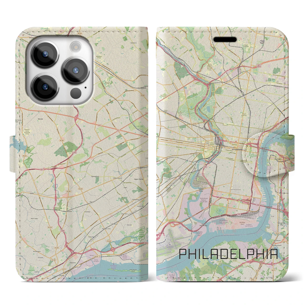 【フィラデルフィア(アメリカ)】地図柄iPhoneケース(手帳タイプ)ナチュラル・iPhone 14 Pro 用