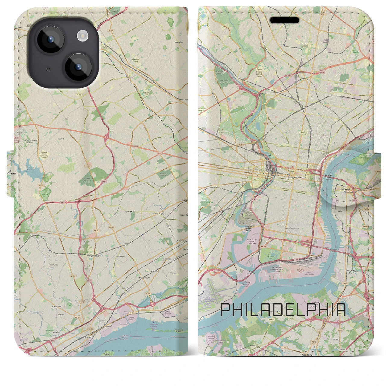 【フィラデルフィア(アメリカ)】地図柄iPhoneケース(手帳タイプ)ナチュラル・iPhone 14 Plus 用