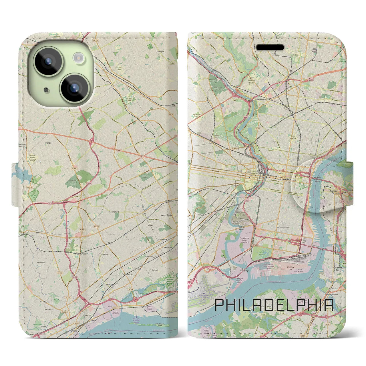 【フィラデルフィア(アメリカ)】地図柄iPhoneケース(手帳タイプ)ナチュラル・iPhone 15 用