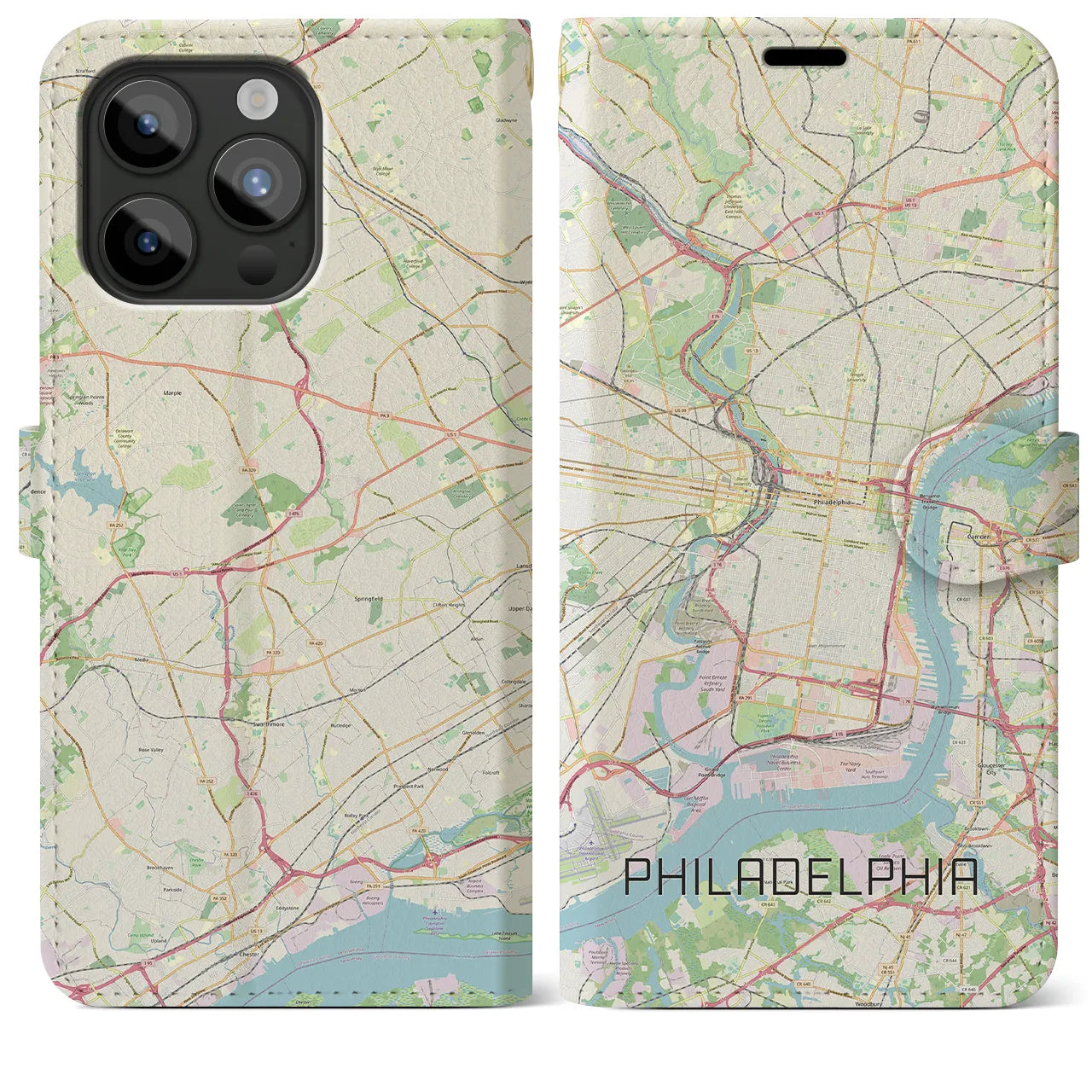 【フィラデルフィア(アメリカ)】地図柄iPhoneケース(手帳タイプ)ナチュラル・iPhone 15 Pro Max 用