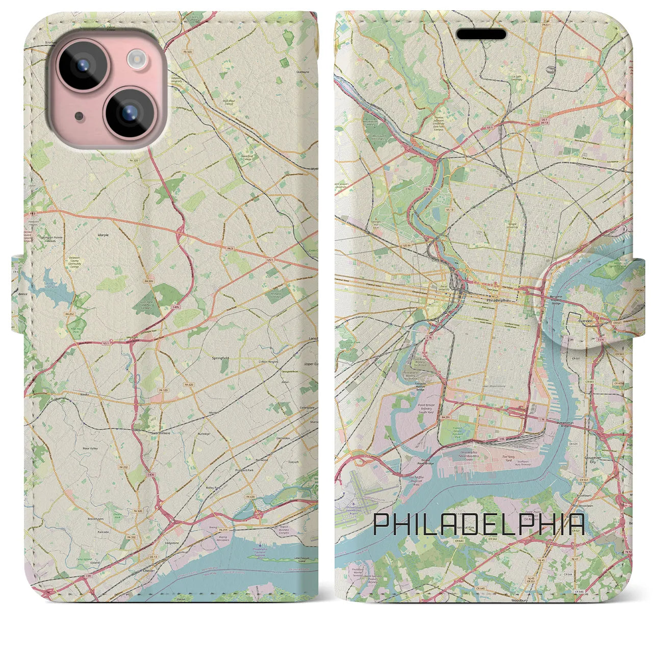 【フィラデルフィア(アメリカ)】地図柄iPhoneケース(手帳タイプ)ナチュラル・iPhone 15 Plus 用