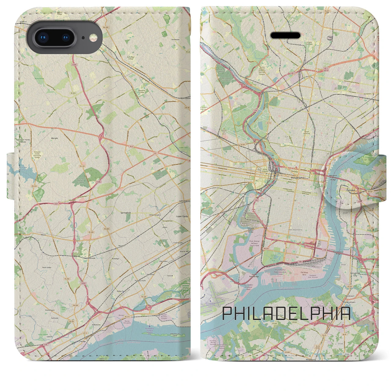 【フィラデルフィア(アメリカ)】地図柄iPhoneケース(手帳タイプ)ナチュラル・iPhone 8Plus /7Plus / 6sPlus / 6Plus 用
