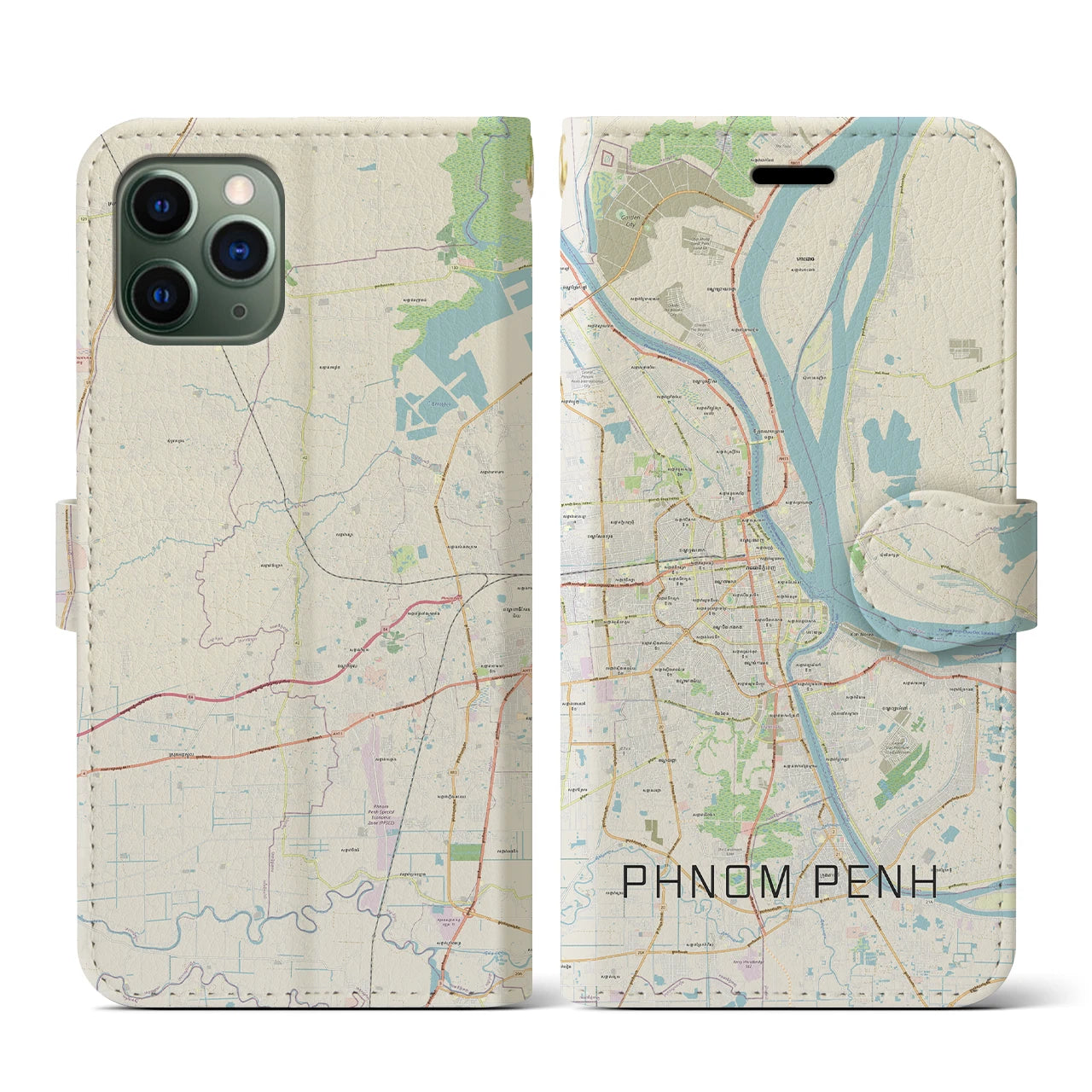 【プノンペン(カンボジア)】地図柄iPhoneケース(手帳タイプ)ナチュラル・iPhone 11 Pro 用