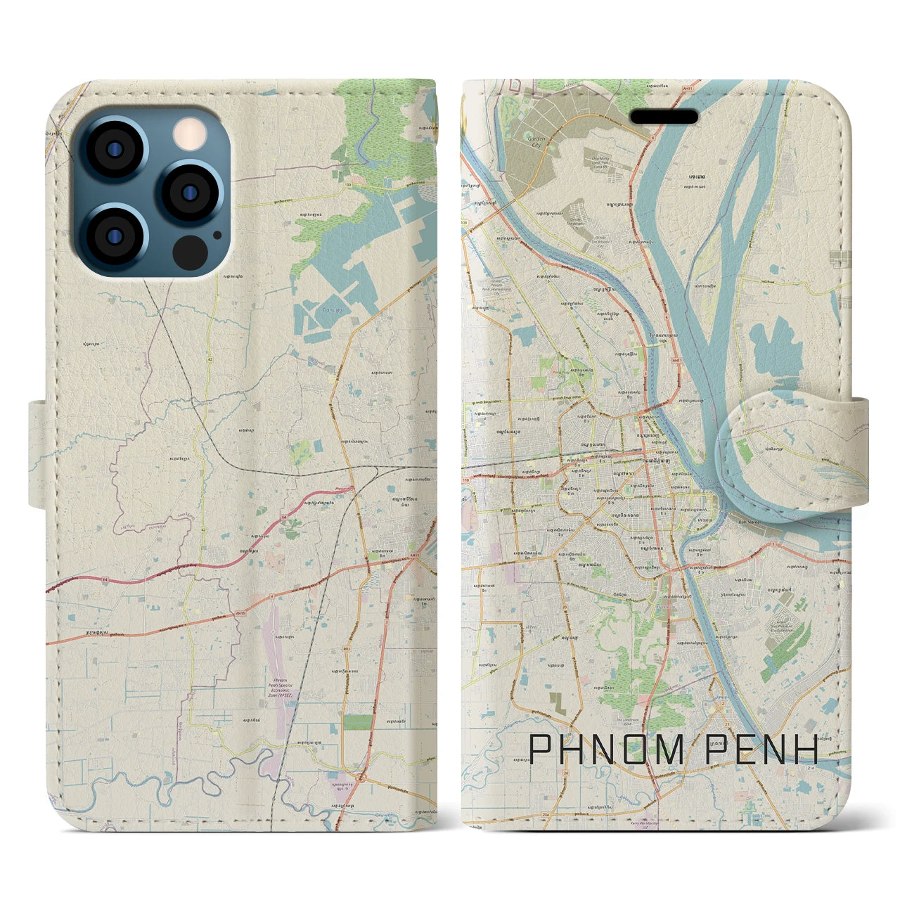 【プノンペン(カンボジア)】地図柄iPhoneケース(手帳タイプ)ナチュラル・iPhone 12 / 12 Pro 用