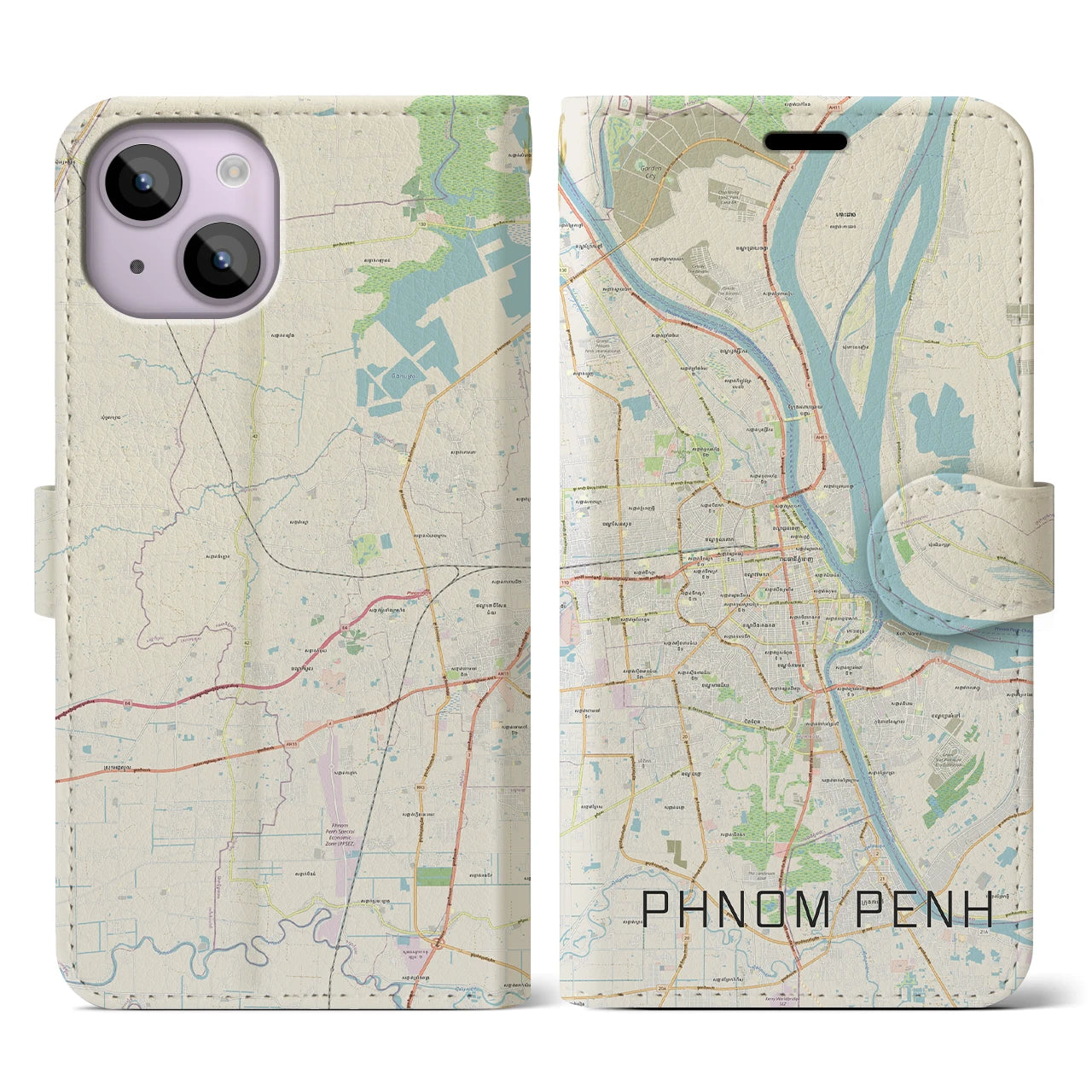 【プノンペン(カンボジア)】地図柄iPhoneケース(手帳タイプ)ナチュラル・iPhone 14 用