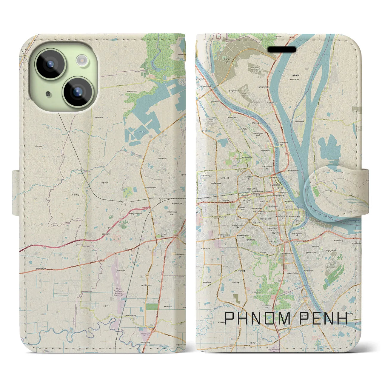 【プノンペン(カンボジア)】地図柄iPhoneケース(手帳タイプ)ナチュラル・iPhone 15 用
