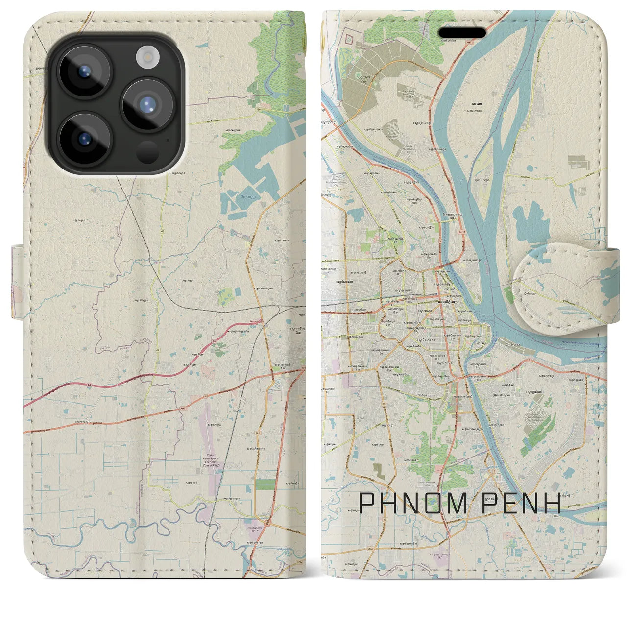 【プノンペン(カンボジア)】地図柄iPhoneケース(手帳タイプ)ナチュラル・iPhone 15 Pro Max 用