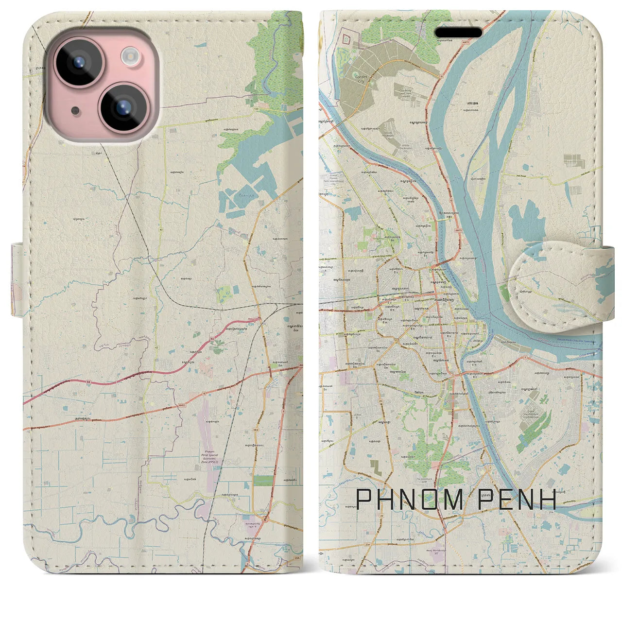 【プノンペン(カンボジア)】地図柄iPhoneケース(手帳タイプ)ナチュラル・iPhone 15 Plus 用