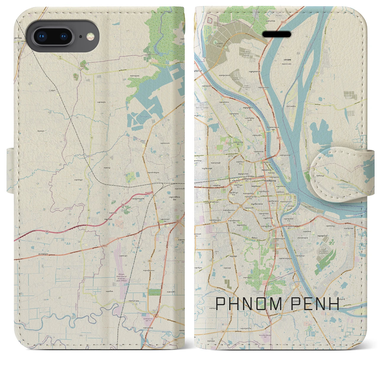 【プノンペン(カンボジア)】地図柄iPhoneケース(手帳タイプ)ナチュラル・iPhone 8Plus /7Plus / 6sPlus / 6Plus 用