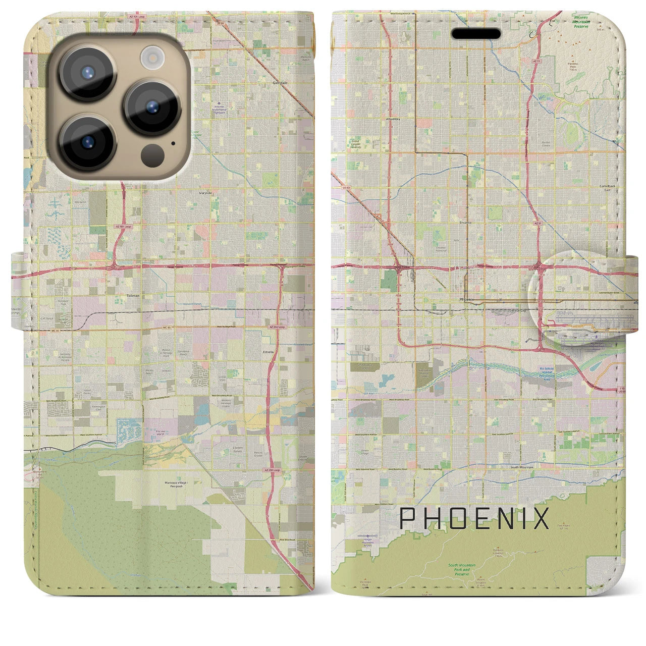 【フェニックス(アメリカ)】地図柄iPhoneケース(手帳タイプ)ナチュラル・iPhone 14 Pro Max 用