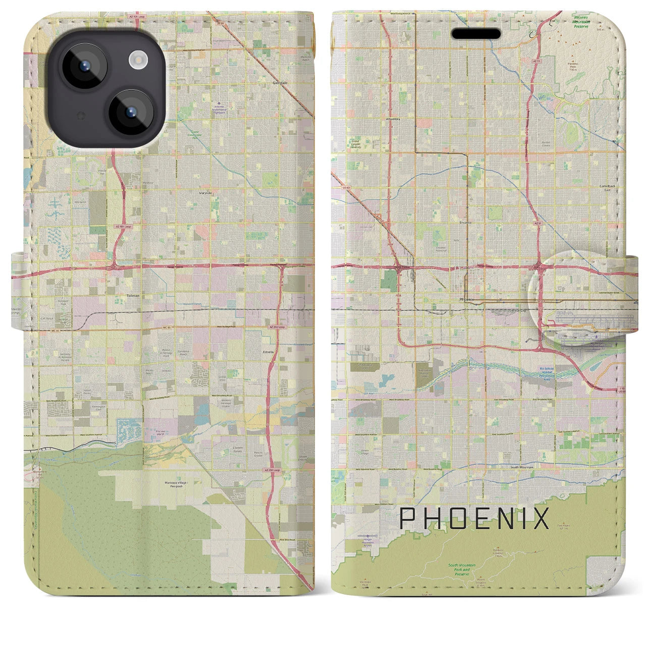 【フェニックス(アメリカ)】地図柄iPhoneケース(手帳タイプ)ナチュラル・iPhone 14 Plus 用