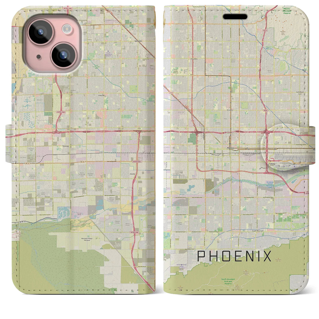 【フェニックス(アメリカ)】地図柄iPhoneケース(手帳タイプ)ナチュラル・iPhone 15 Plus 用