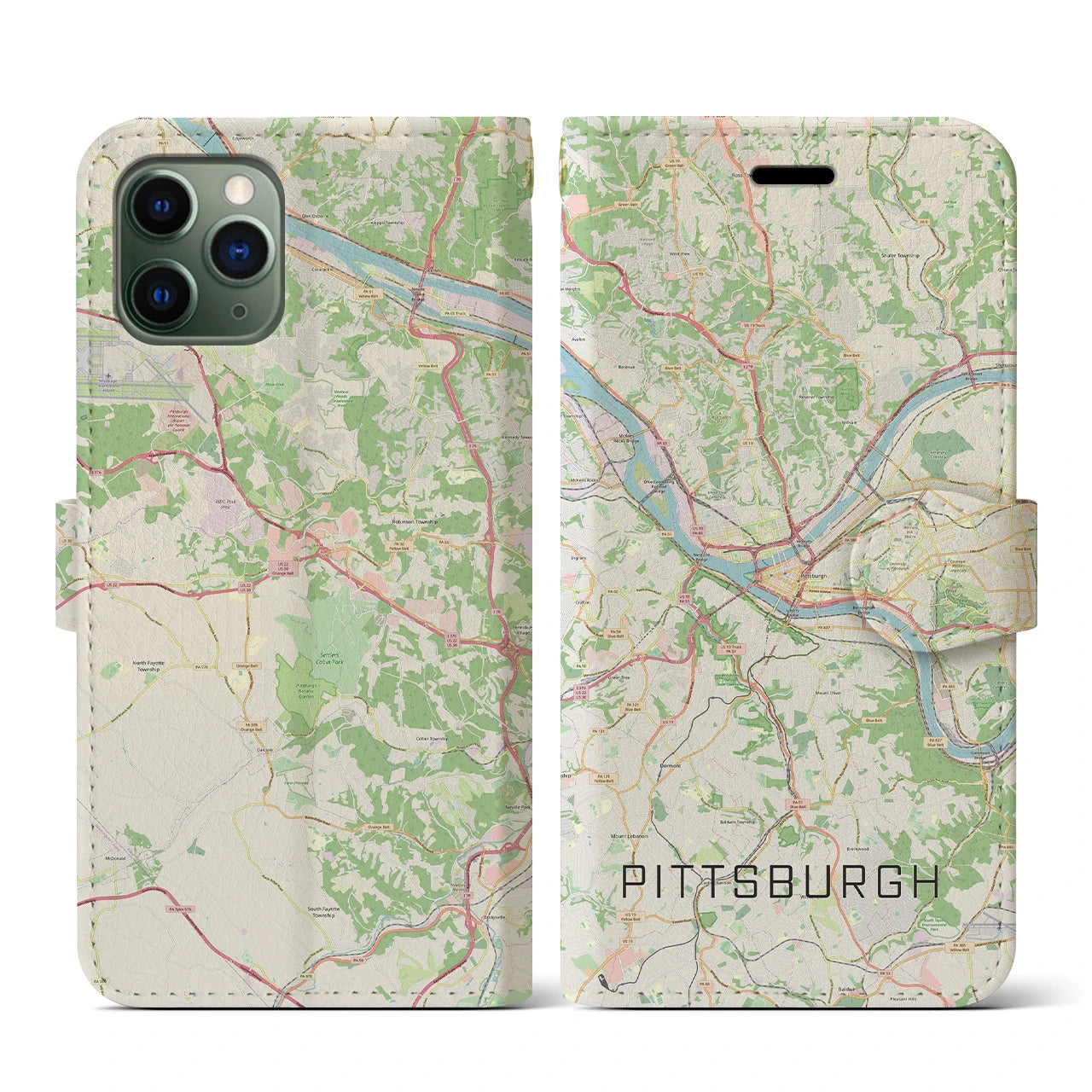 【ピッツバーグ(アメリカ)】地図柄iPhoneケース(手帳タイプ)ナチュラル・iPhone 11 Pro 用