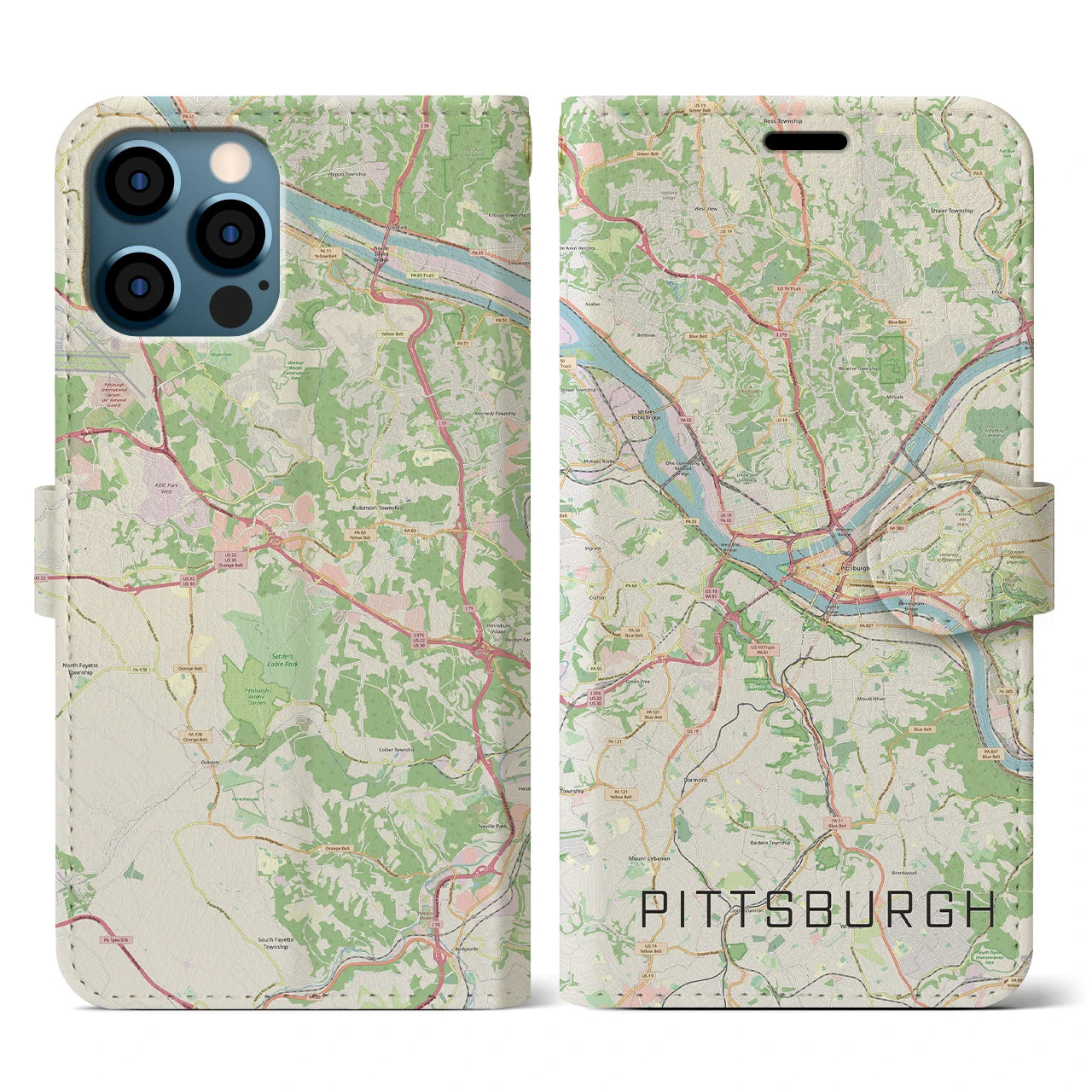 【ピッツバーグ(アメリカ)】地図柄iPhoneケース(手帳タイプ)ナチュラル・iPhone 12 / 12 Pro 用