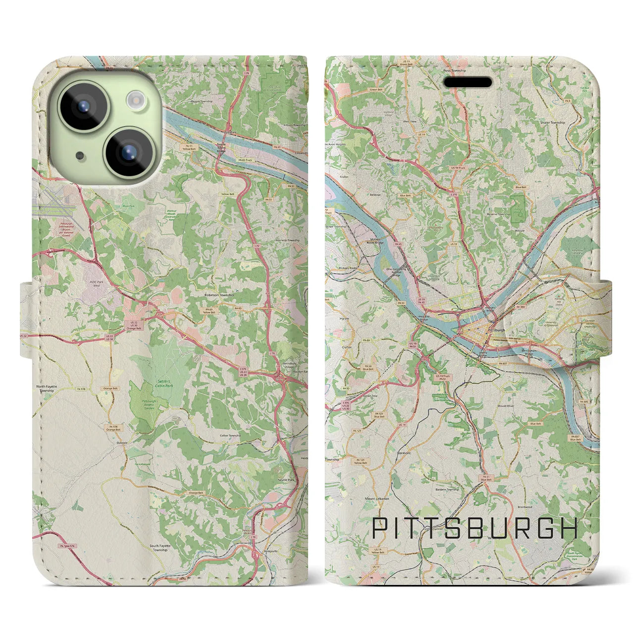 【ピッツバーグ(アメリカ)】地図柄iPhoneケース(手帳タイプ)ナチュラル・iPhone 15 用