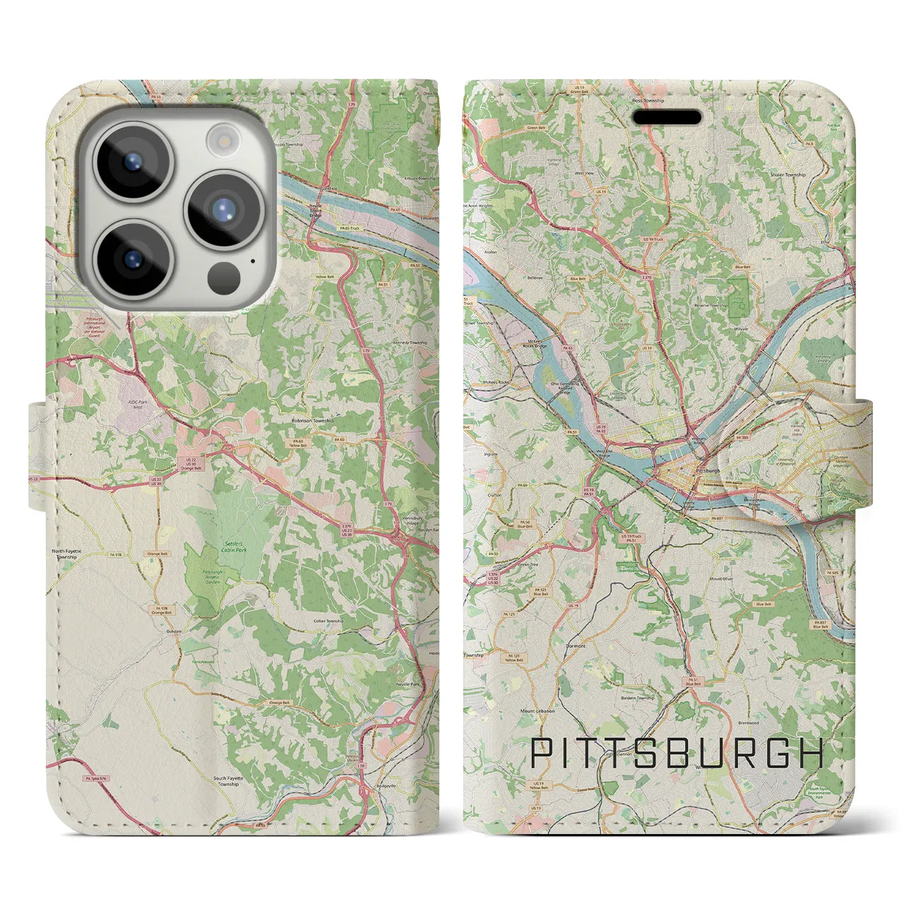 【ピッツバーグ(アメリカ)】地図柄iPhoneケース(手帳タイプ)ナチュラル・iPhone 15 Pro 用