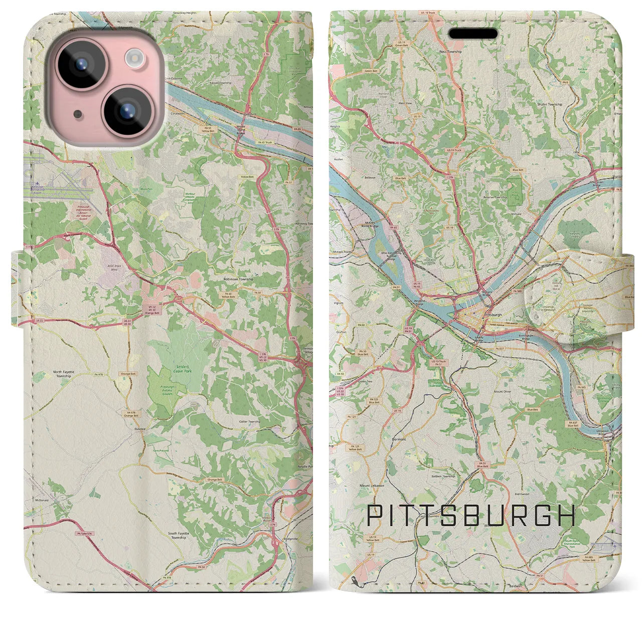 【ピッツバーグ(アメリカ)】地図柄iPhoneケース(手帳タイプ)ナチュラル・iPhone 15 Plus 用