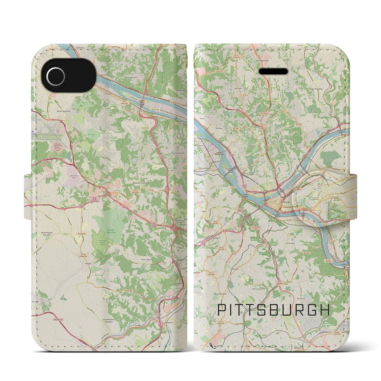【ピッツバーグ(アメリカ)】地図柄iPhoneケース(手帳タイプ)ナチュラル・iPhone SE(第3 / 第2世代) / 8 / 7 / 6s / 6 用