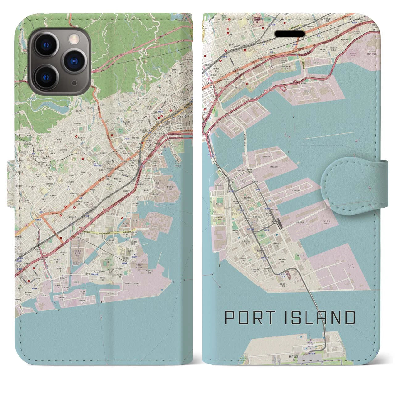【ポートアイランド(兵庫県)】地図柄iPhoneケース(手帳タイプ)ナチュラル・iPhone 11 Pro Max 用