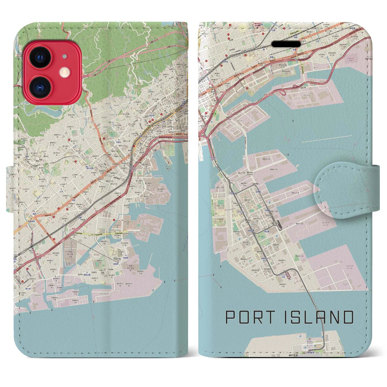 【ポートアイランド(兵庫県)】地図柄iPhoneケース(手帳タイプ)ナチュラル・iPhone 11 用