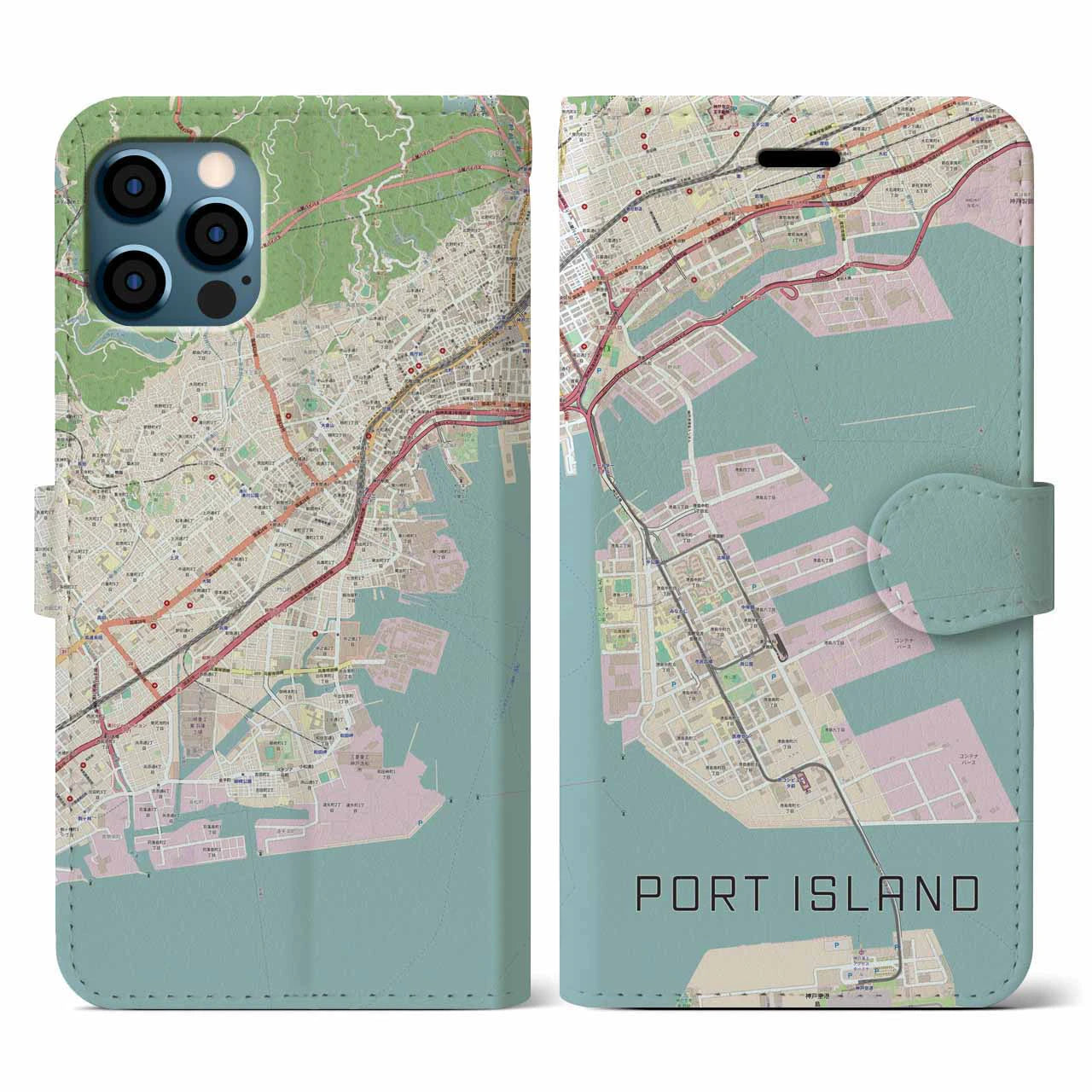 【ポートアイランド(兵庫県)】地図柄iPhoneケース(手帳タイプ)ナチュラル・iPhone 12 / 12 Pro 用