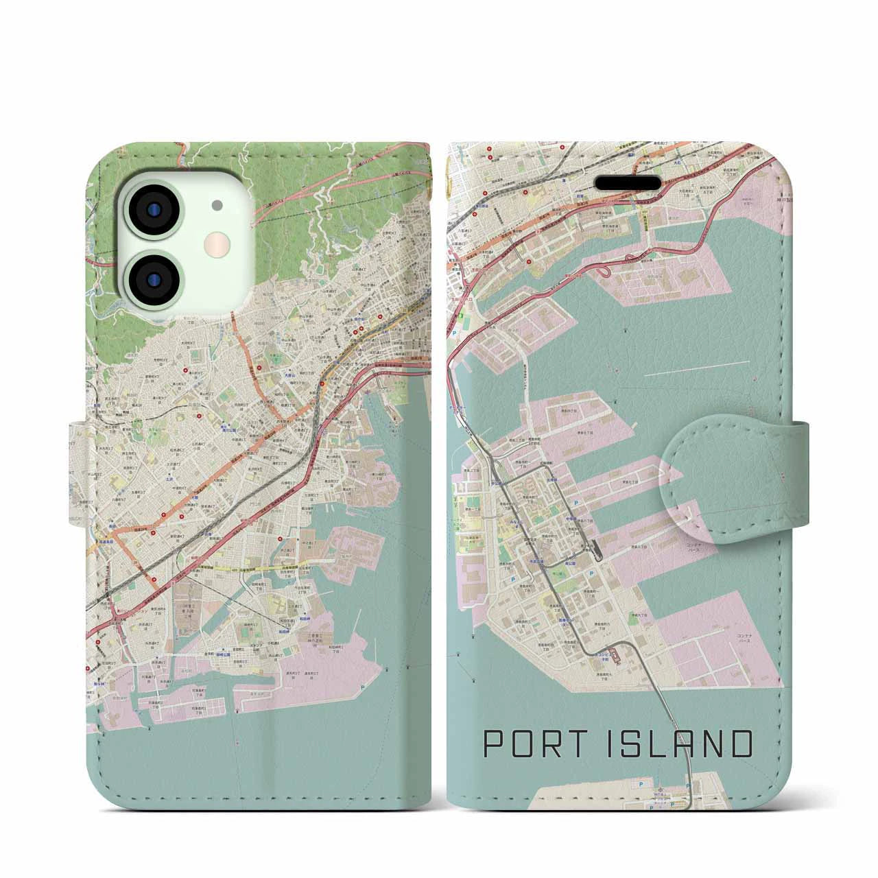 【ポートアイランド(兵庫県)】地図柄iPhoneケース(手帳タイプ)ナチュラル・iPhone 12 mini 用