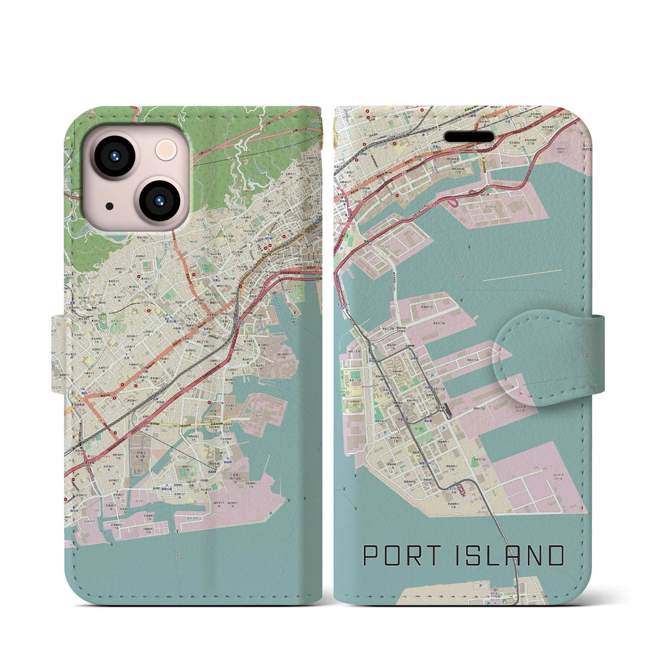 【ポートアイランド(兵庫県)】地図柄iPhoneケース(手帳タイプ)ナチュラル・iPhone 13 mini 用