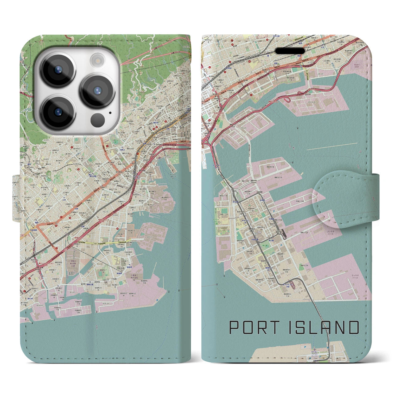 【ポートアイランド(兵庫県)】地図柄iPhoneケース(手帳タイプ)ナチュラル・iPhone 14 Pro 用