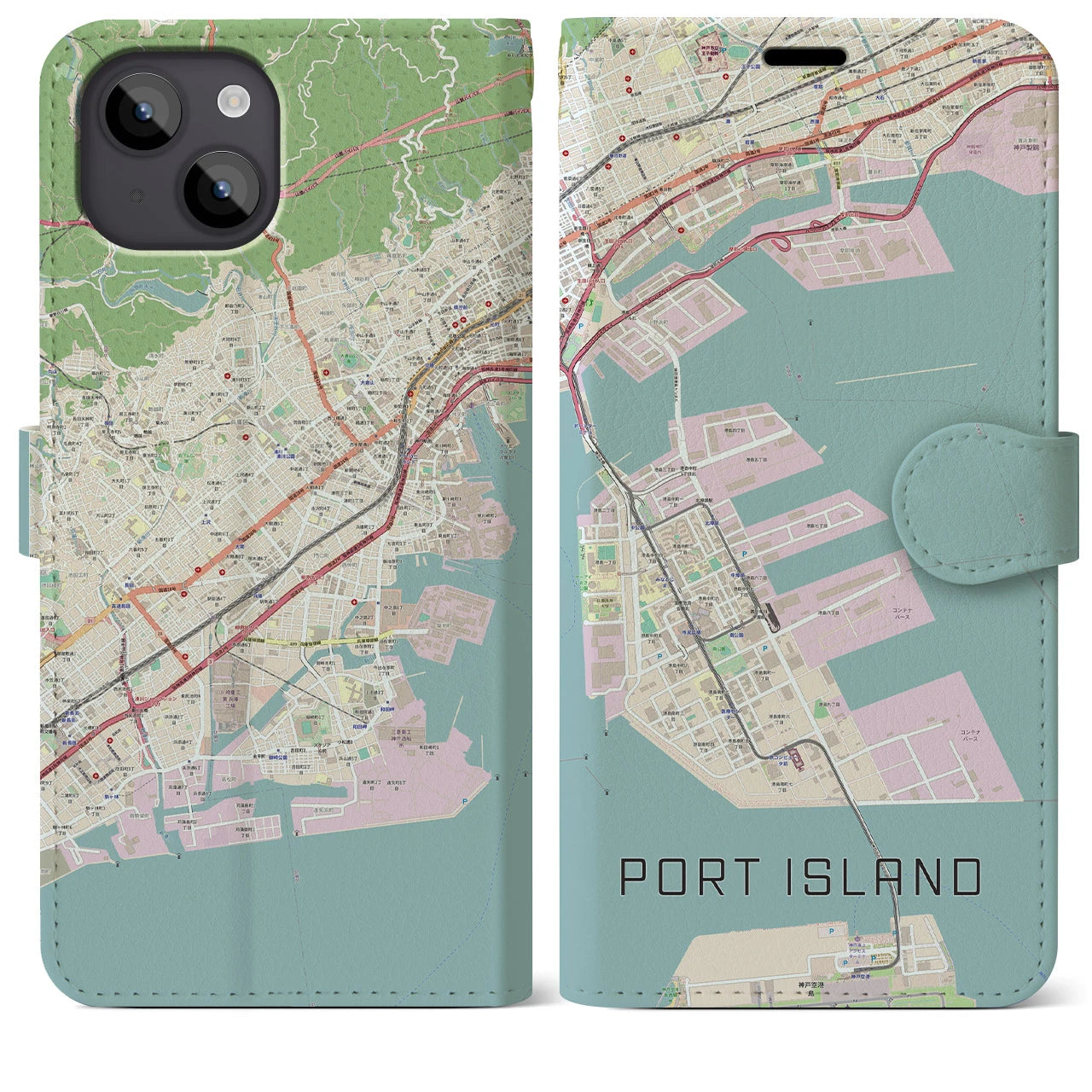 【ポートアイランド(兵庫県)】地図柄iPhoneケース(手帳タイプ)ナチュラル・iPhone 14 Plus 用