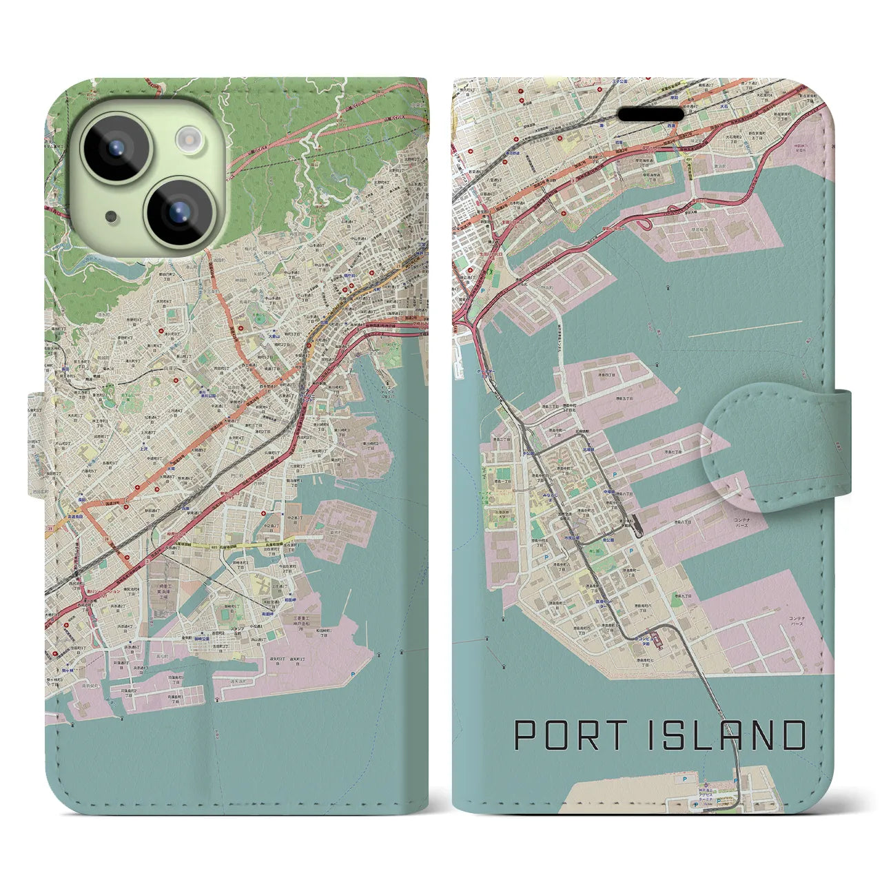 【ポートアイランド(兵庫県)】地図柄iPhoneケース(手帳タイプ)ナチュラル・iPhone 15 用