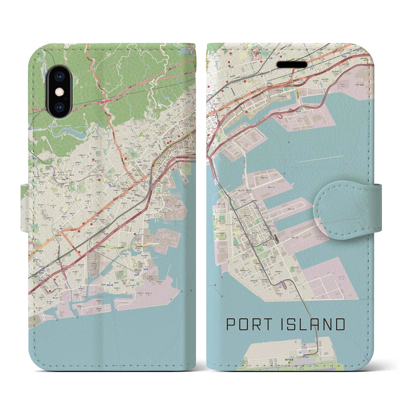 【ポートアイランド(兵庫県)】地図柄iPhoneケース(手帳タイプ)ナチュラル・iPhone XS / X 用