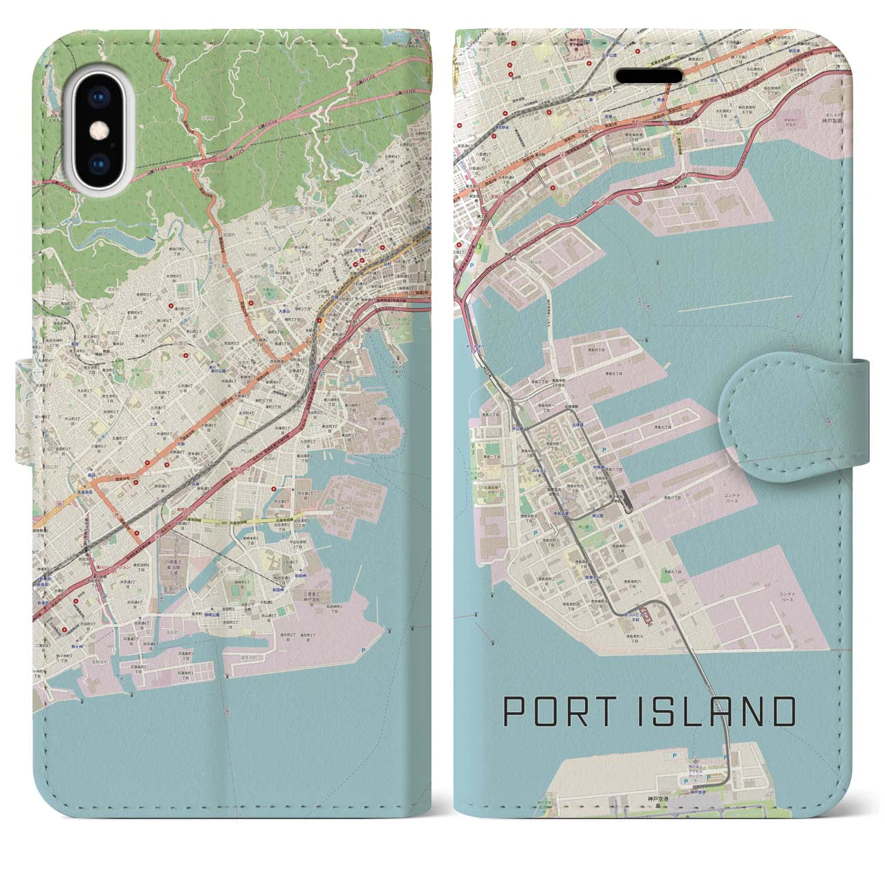 【ポートアイランド(兵庫県)】地図柄iPhoneケース(手帳タイプ)ナチュラル・iPhone XS Max 用