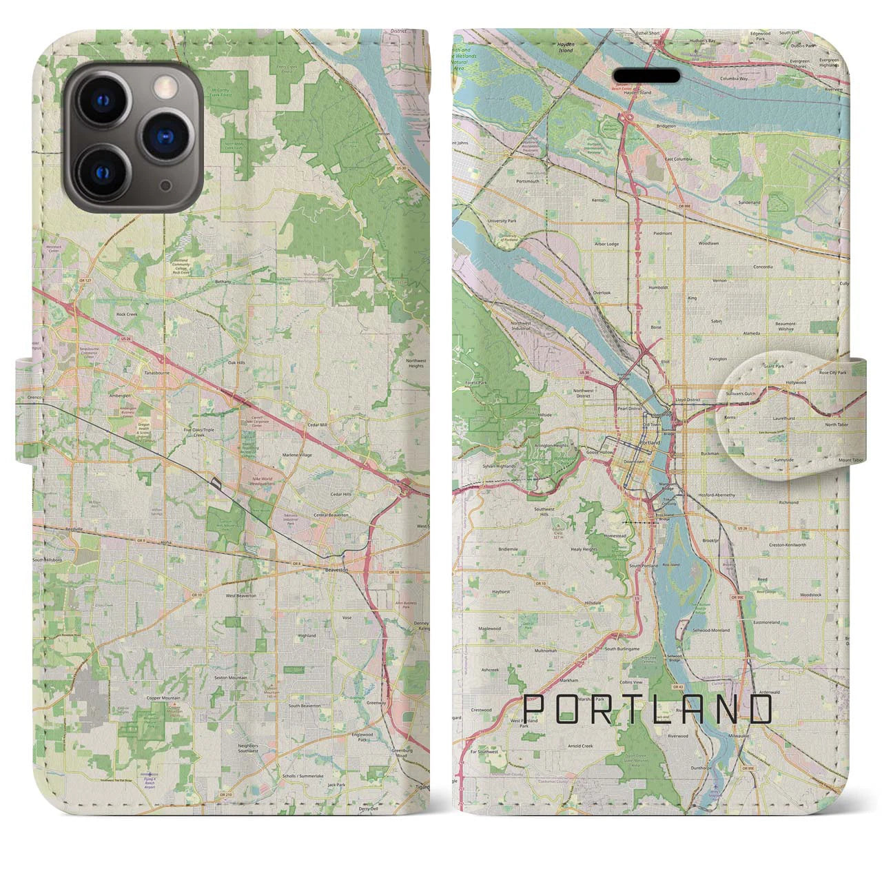 【ポートランド(アメリカ)】地図柄iPhoneケース(手帳タイプ)ナチュラル・iPhone 11 Pro Max 用