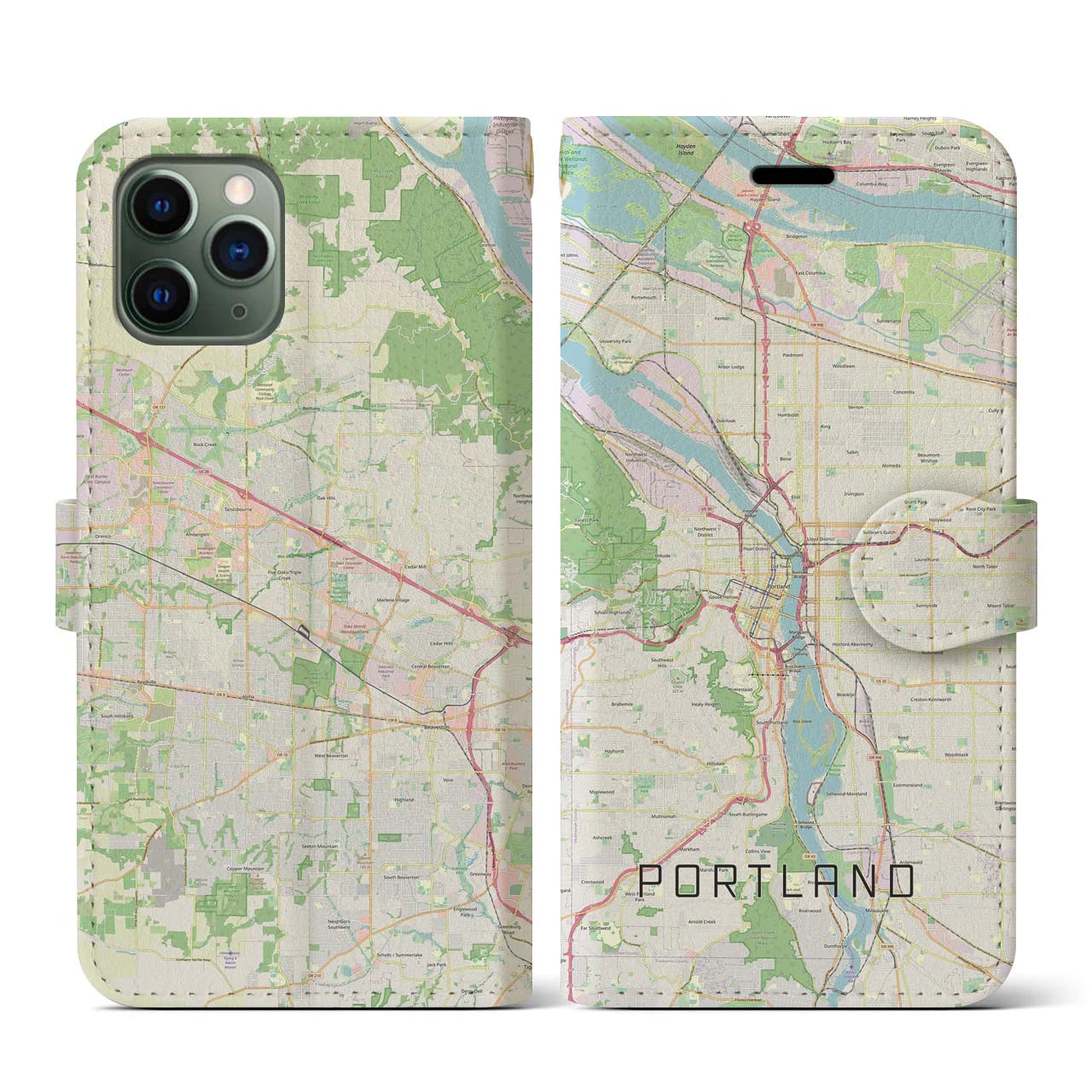 【ポートランド(アメリカ)】地図柄iPhoneケース(手帳タイプ)ナチュラル・iPhone 11 Pro 用