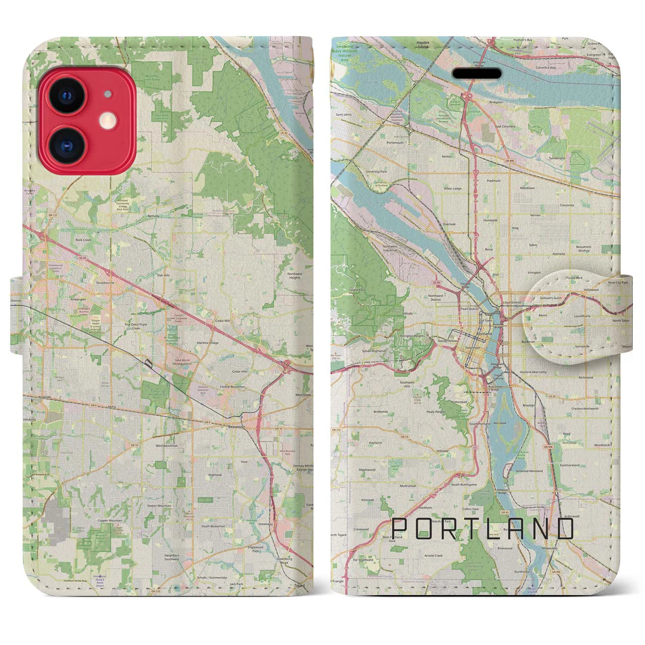 【ポートランド(アメリカ)】地図柄iPhoneケース(手帳タイプ)ナチュラル・iPhone 11 用