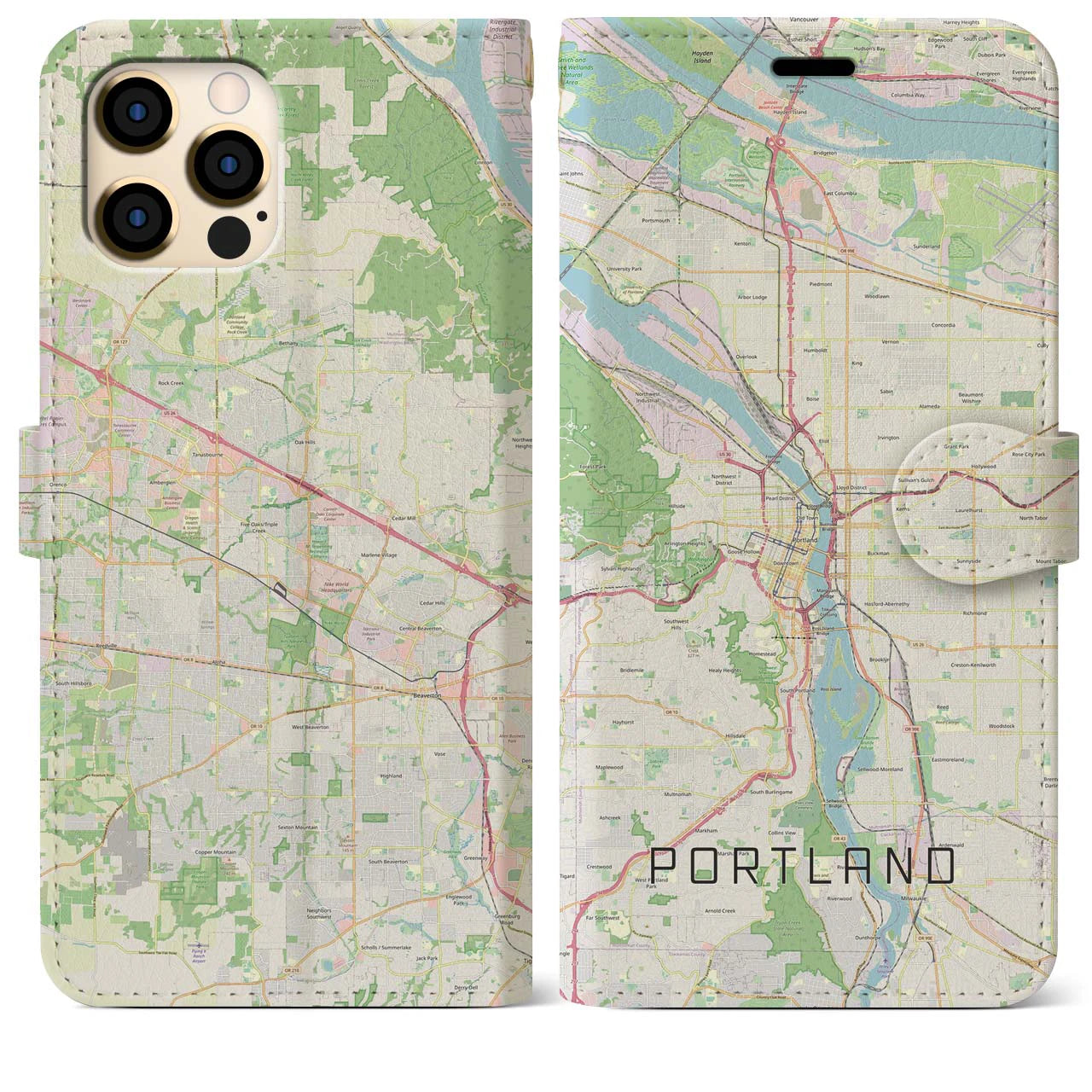 【ポートランド(アメリカ)】地図柄iPhoneケース(手帳タイプ)ナチュラル・iPhone 12 Pro Max 用