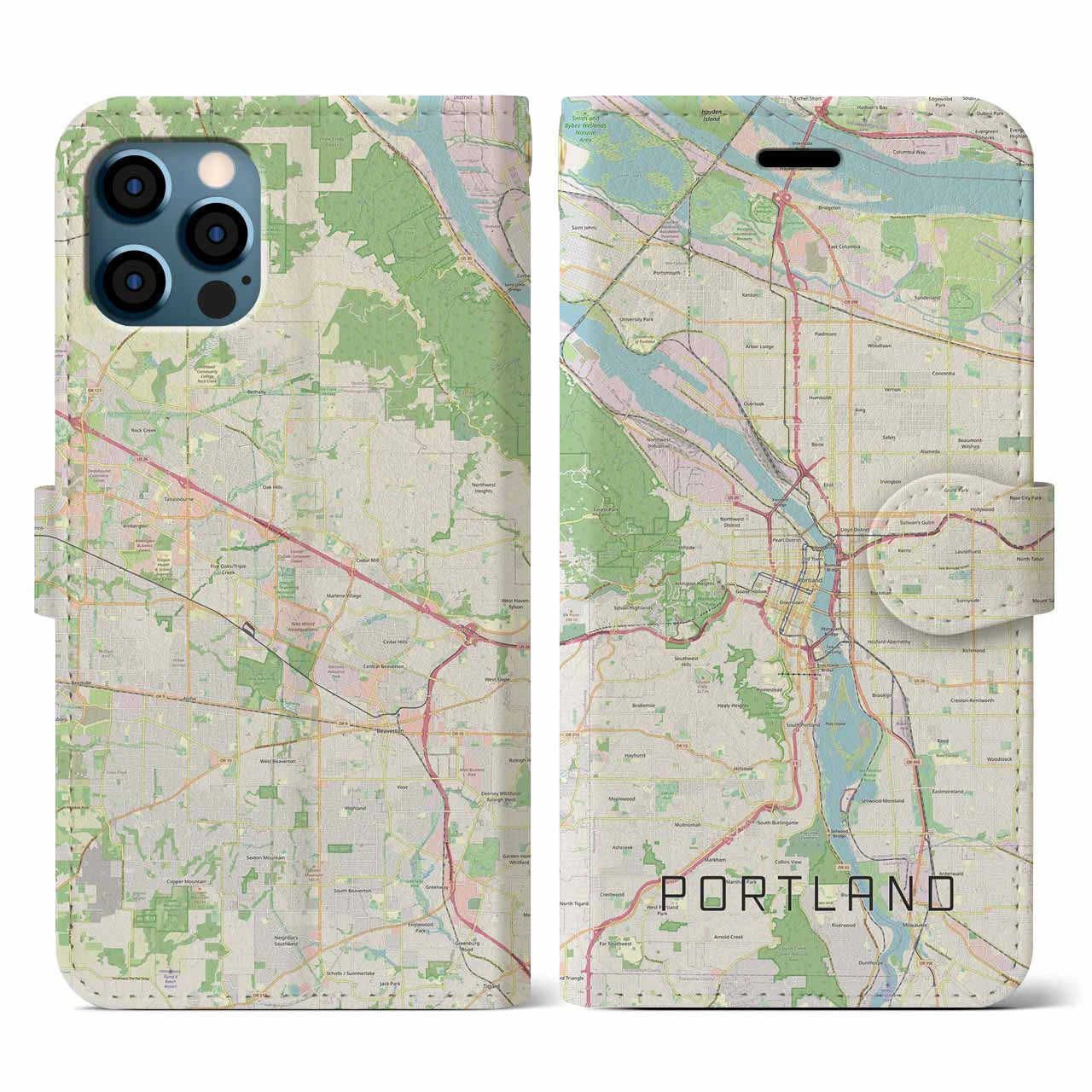 【ポートランド(アメリカ)】地図柄iPhoneケース(手帳タイプ)ナチュラル・iPhone 12 / 12 Pro 用