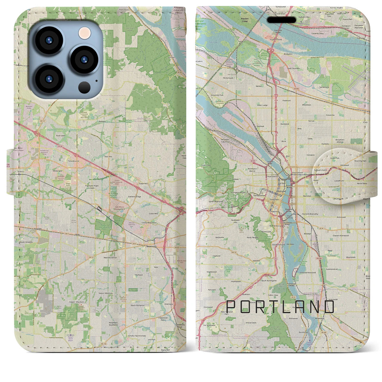 【ポートランド(アメリカ)】地図柄iPhoneケース(手帳タイプ)ナチュラル・iPhone 13 Pro Max 用